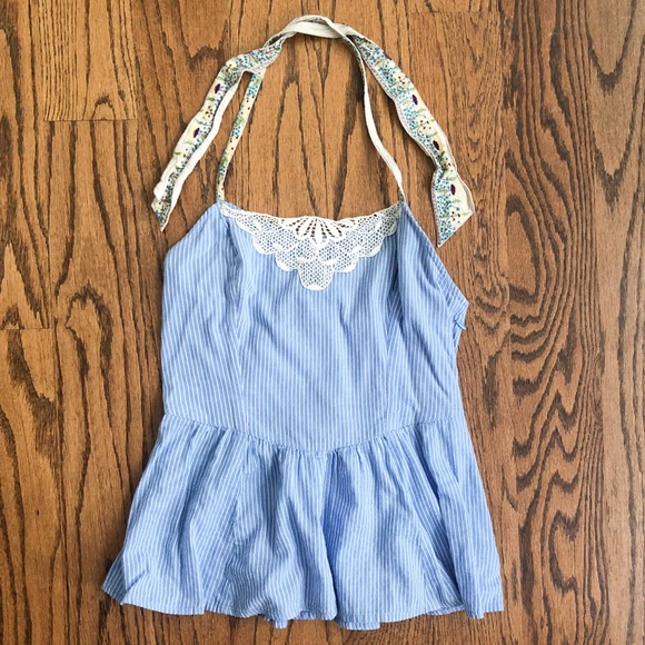 Free People Tops - Free People Blue Pinstripe Lace Ruffle Halter Top